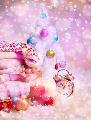 Composition with plaids, candles and Christmas decorations