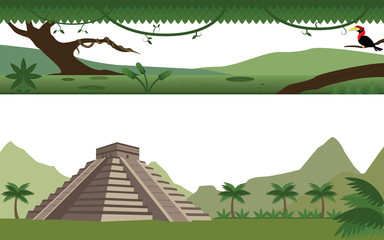 Set of Rain Forest  River and Aztec Pyramid Landscape