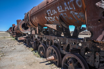 Fototapeta na wymiar Rusted Train Cemetery in Uyuni, Bolivia