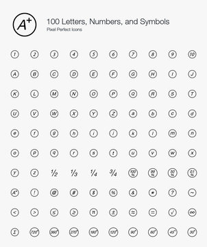 100 Letters, Numbers, and Symbols Pixel Perfect Icons (line)