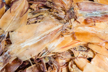 Close up on dried squid in the sun