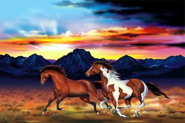 Fototapeta na wymiar Wild Horses Run Illustration