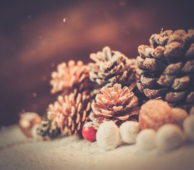 Christmas still life with cones on a snow