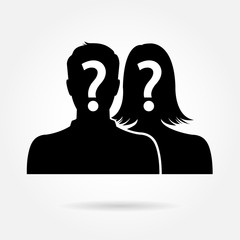 Male & female silhouette icon with question marks-couple concept - obrazy, fototapety, plakaty