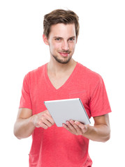 Caucasian man use of digital tablet