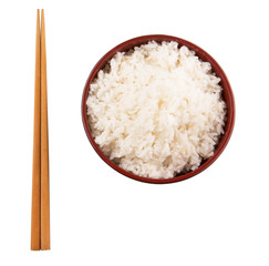 A bowl of rice and a pair of chopstick over white background