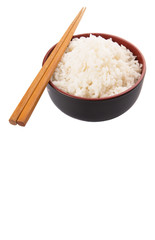 A bowl of rice and a pair of chopstick over white background