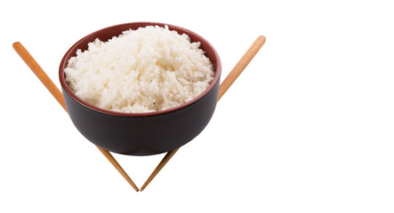 A bowl of rice and a pair of chopstick over white background