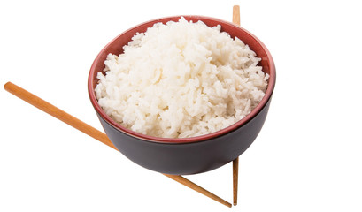 A bowl of rice and a pair of chopstick over white background