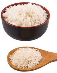 Raw and cooked rice over white background