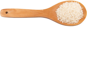 Raw and uncooked rice in wooden spoon over white background