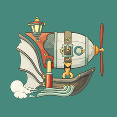 Cartoon steampunk styled flying airship with baloon and