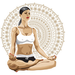 Woman practicing yoga in lotus pose.Paisley  background