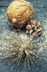 new year's composition with toys and Christmas decorations