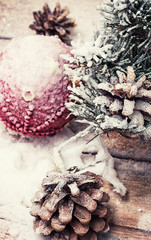 new year's composition with toys and Christmas decorations