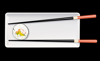 Vector of SuShi on white plate with chopstick on black backgroun