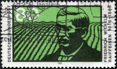 stamp printed in the Germany shows Friedrich Wilhelm Raiffeisen