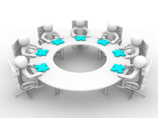 3d people - human character , person at a round table and puzzle