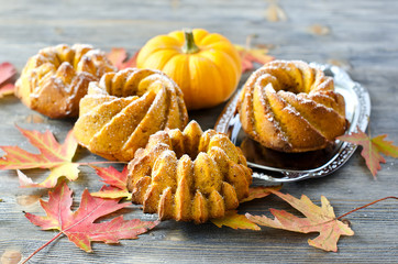 Pumpkin cakes with powdered sugar on wooden background