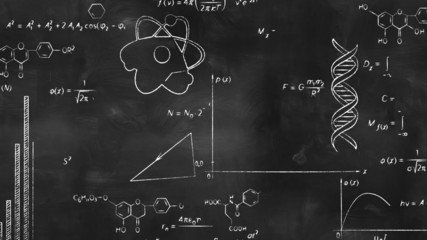 writing scientific formulas on black chalkboard - Powered by Adobe