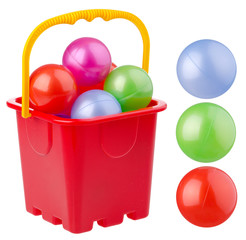beach red bucket with colored balls