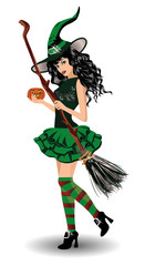Halloween girl witch and pumpkin, vector illustration