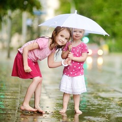 Two cute little sisters having fun under a rain
