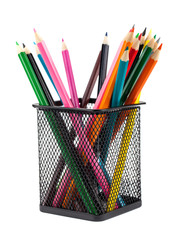 Various color pencils in black metal container