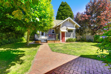 Backyard garden with brick tile walkway