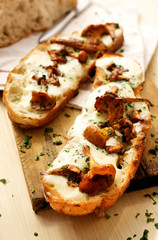Bruschetta with chanterelle mushrooms and  mozzarella cheese
