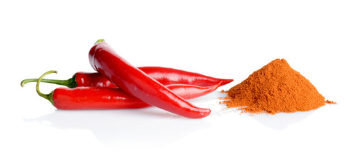Studio shot chilli pepper, cayenne pepper isolated on white