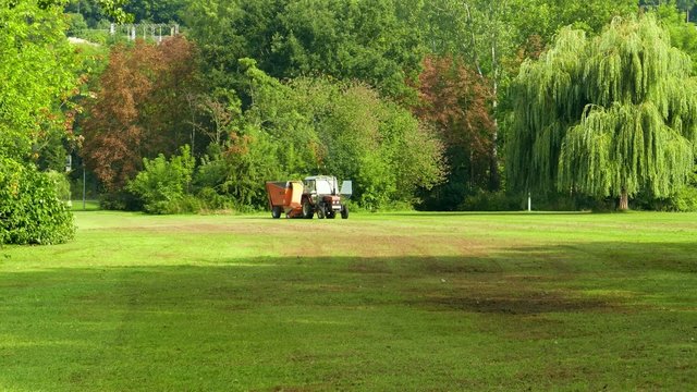Taktor mit Vertikutierer auf Wiese / Rasen dreht seine Runden