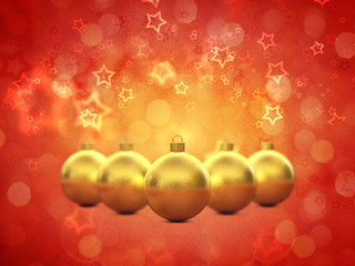 Golden christmas baubles on red background
