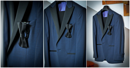 Wedding ultramarine suit and black bow. Formal groom suit