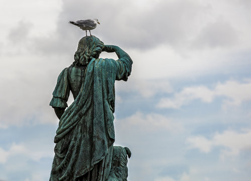 Statue with a seagull  on his head