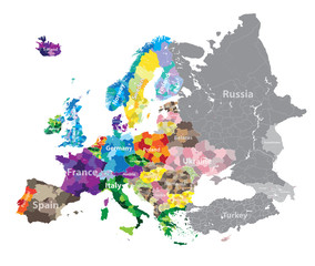 vector Europe map colored by countries and regions