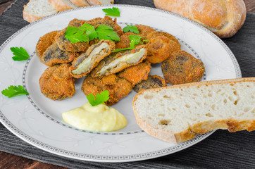 Breaded and fried mushrooms with homemade mayonnaise