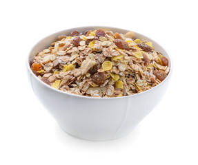 Breakfast - milk with chocolate corn flakes cereal in bowl