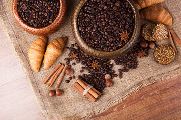 roasted coffee beans in a bamboo basket