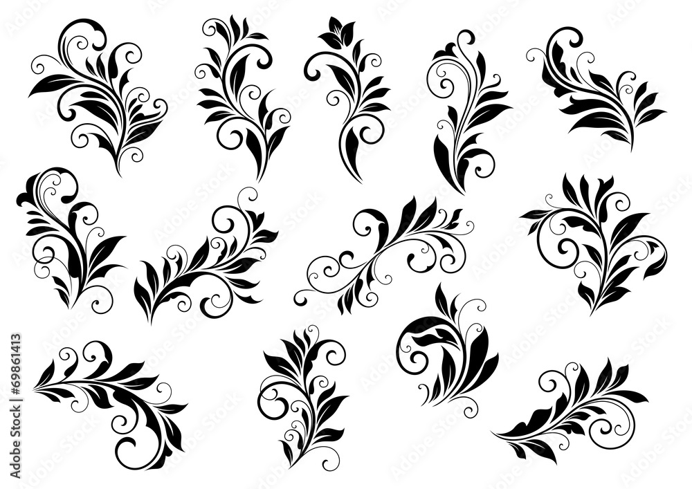 Poster retro floral motifs and foliate vignettes set