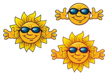 Cartoon smiling sun characters with sunglasses