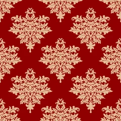Behang Rood Bloemenbeige op rood naadloos patroon