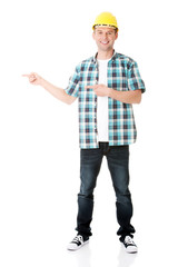 Happy worker presenting copy space.