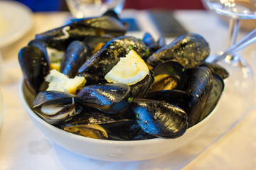Mussel with white wine sauce at plate on table