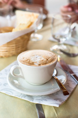 Delicious, aromatic cappuccino for breakfast at a cafe in the