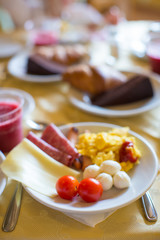 Healthy breakfast on the table close up in restaraunt resort