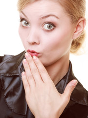 Portrait of surprised businesswoman shocked woman