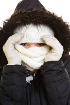 Winter Vacation. Girl Covering Face With Scarf.