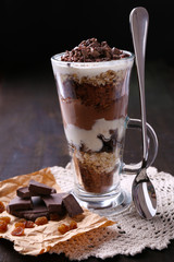 Yogurt, with chocolate cream, chopped chocolate and muesli
