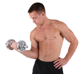 Fototapeta na wymiar Young muscular sportsman execute exercise with dumbbell